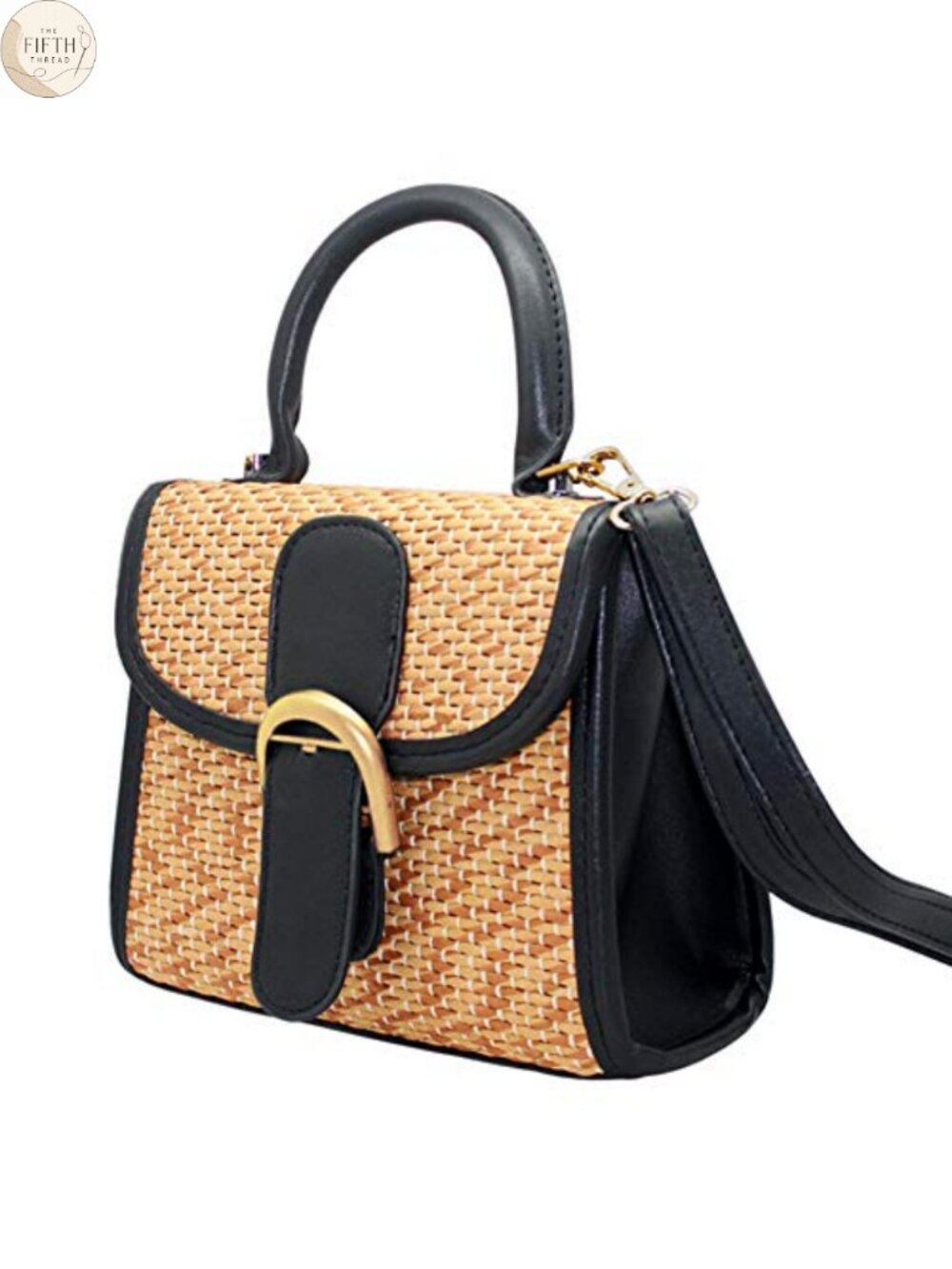 Retro Straw Woven Crossbody Satchel Handbag with PU Leather Strap